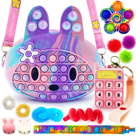 Exun bunny shoulder bag with sensory toys for travel and play.