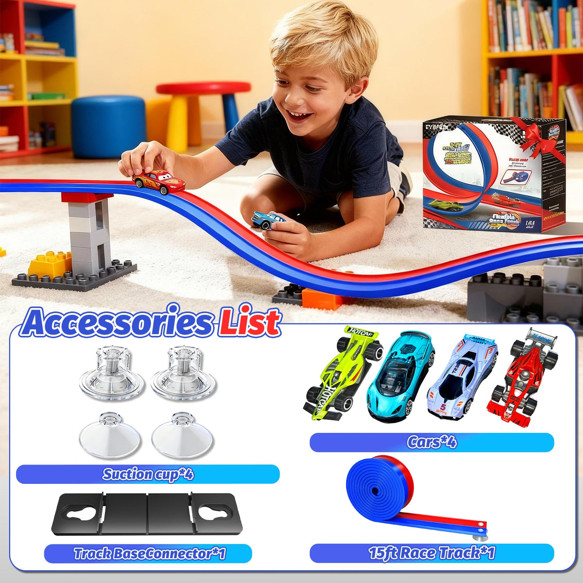 EYEFEAT multi-car racing on three lanes promotes sharing and strategy.