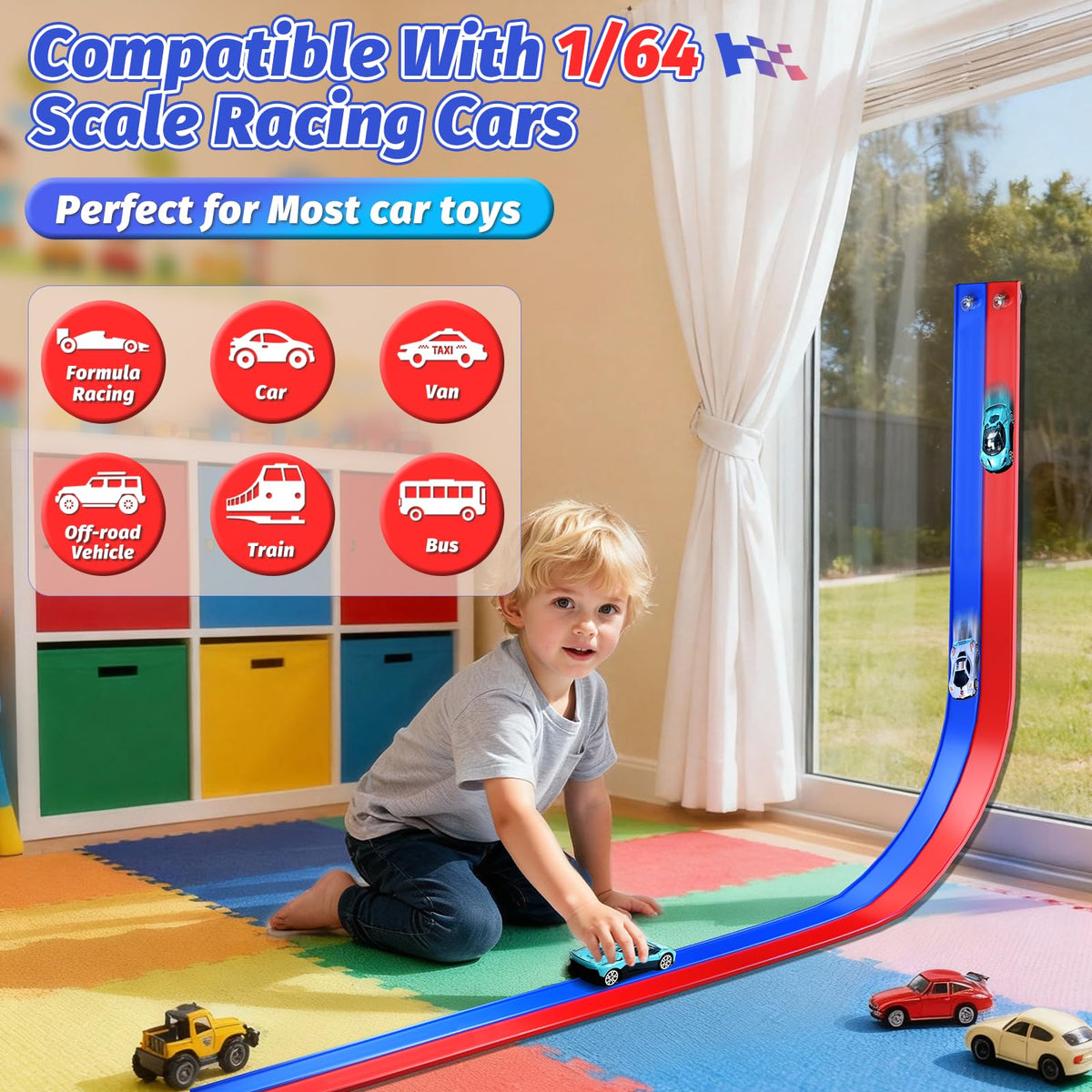 EYEFEAT roll-up racetrack folds neatly for compact storage.