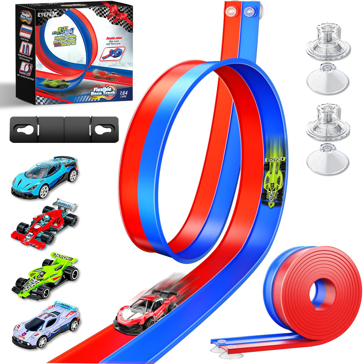 EYEFEAT triple-lane race-track action delivers simultaneous racing on any flat surface.