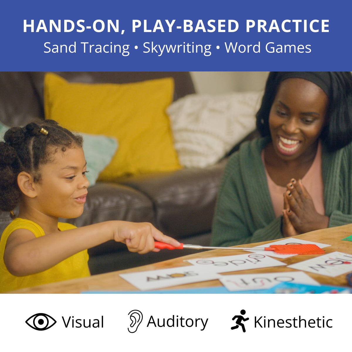 Eyewords Set 2 kids learning scene showing kinesthetic practice for hands on word recognition.