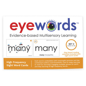 Eyewords Set 3 front picture-embedded cards support multisensory word practice.