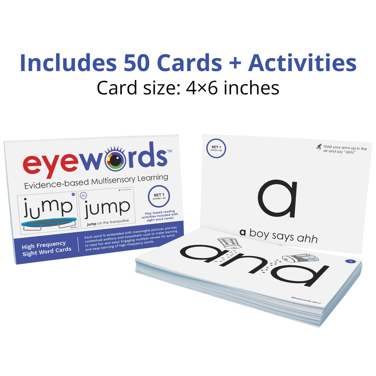 Eyewords sight word flash cards back with text only and cues for phonics practice.