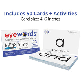 Eyewords sight word flash cards back with text only and cues for phonics practice.