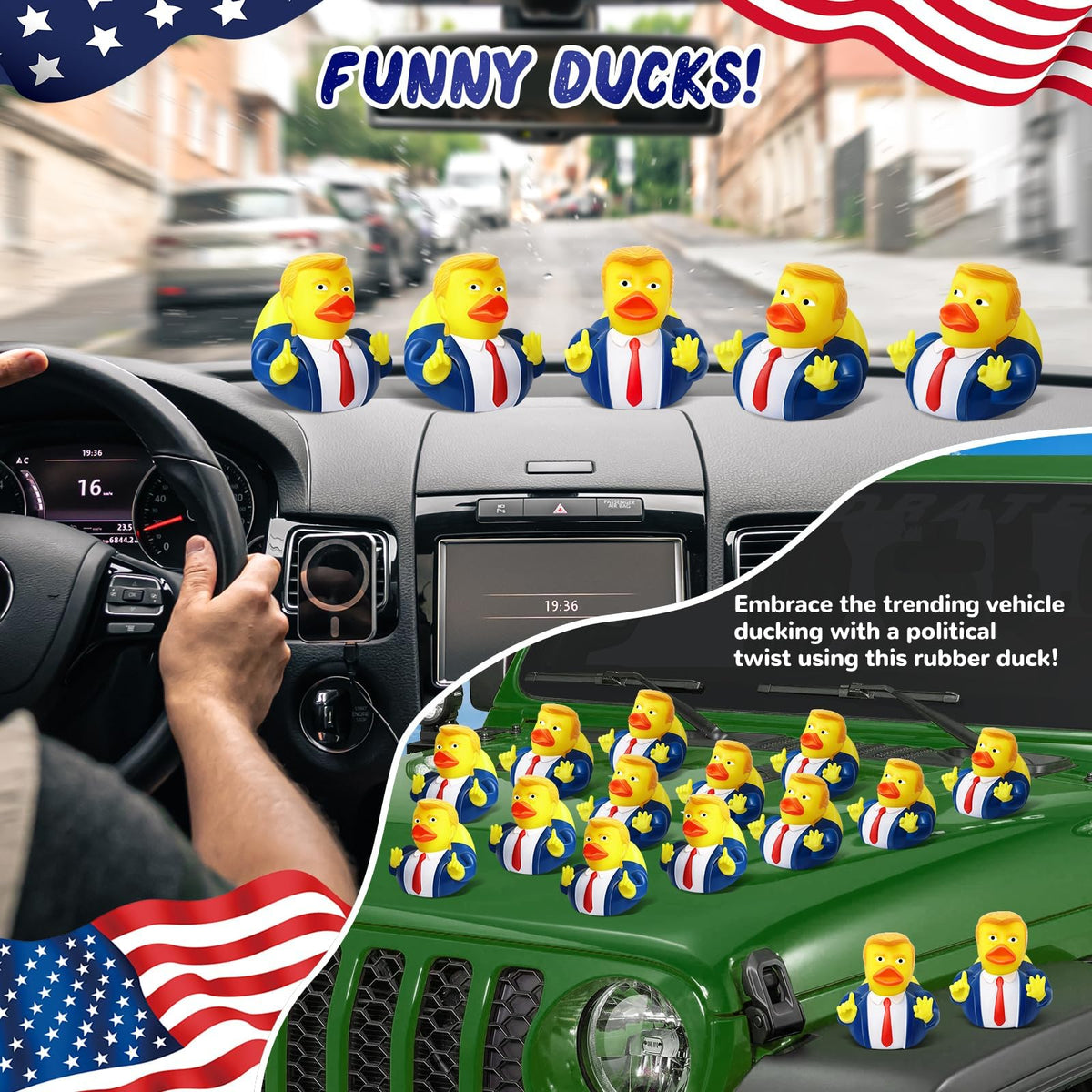 EYKOOW president rubber ducks on the desk brighten workspace with patriotic whimsy.