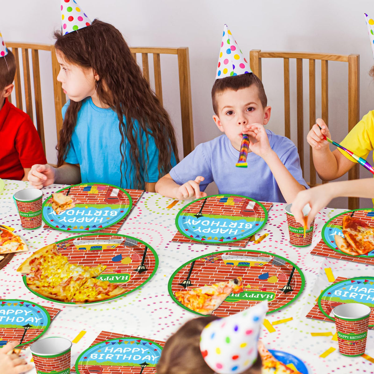 Eywusco happy birthday signage adds playful charm to the table setting.
