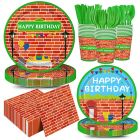 Eywusco red brick wall street plates 9inch for festive kids party meals and easy cleanup.