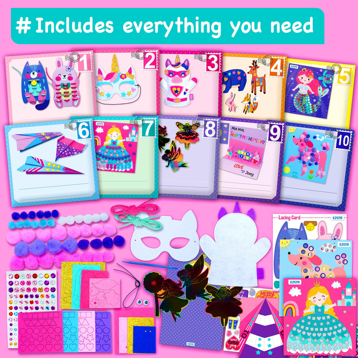 EZCRA unicorn envelopes organization showing color-coded storage for mess-free crafts