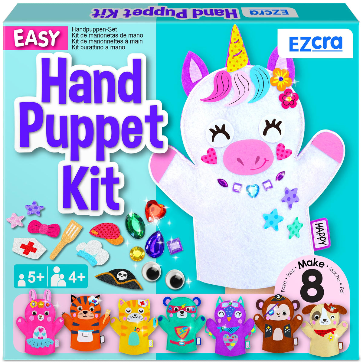 EZCRA Unicorn Hand Puppet Kit cover showing a colorful unicorn inspires imaginative play.