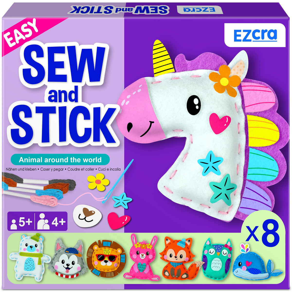 EZCRA unicorn sewing kit packaging shown, ideal beginner-friendly gift.