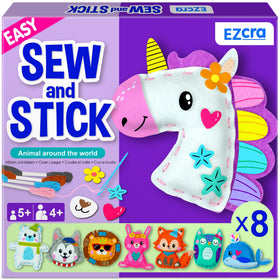 EZCRA unicorn sewing kit packaging shown, ideal beginner-friendly gift.