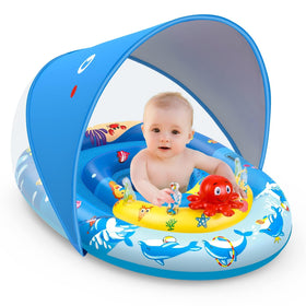 EZIGO Baby Float canopy image showcasing UPF50+ sun protection for sunny outdoor swims.