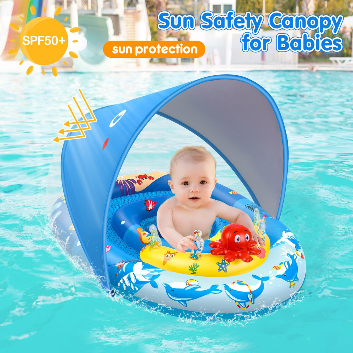 EZIGO Baby Float dual-chambers image emphasizes stable buoyancy for infants during play.