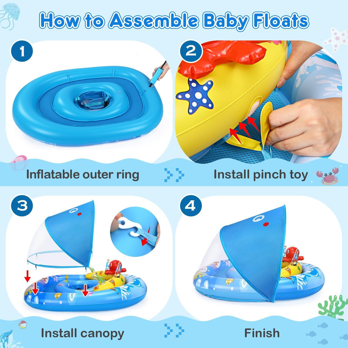 EZIGO Ocean-pattern float image shows vibrant design and easy inflation packaging.