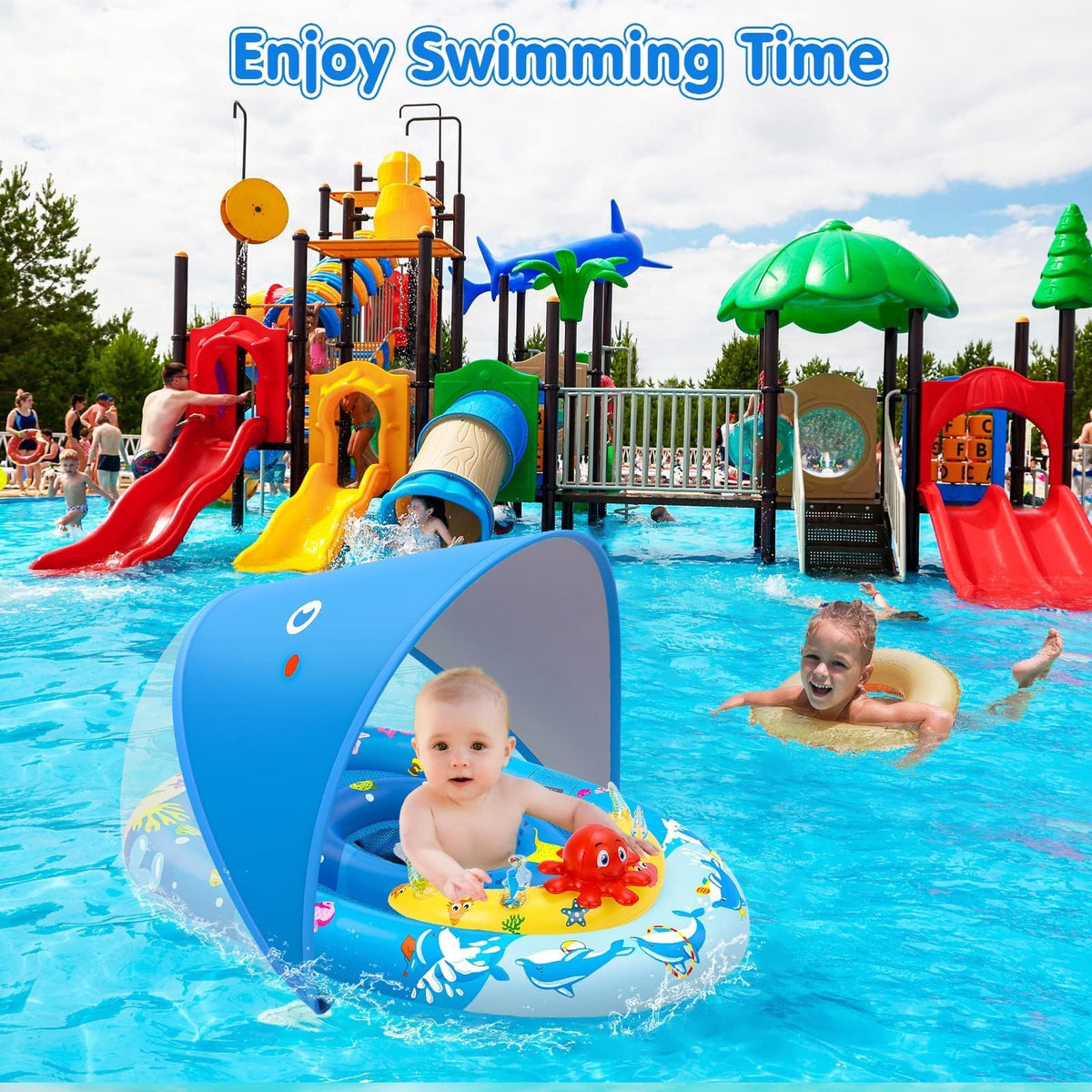 EZIGO Baby Float dolphins toy image with sequins sparks baby curiosity in water.
