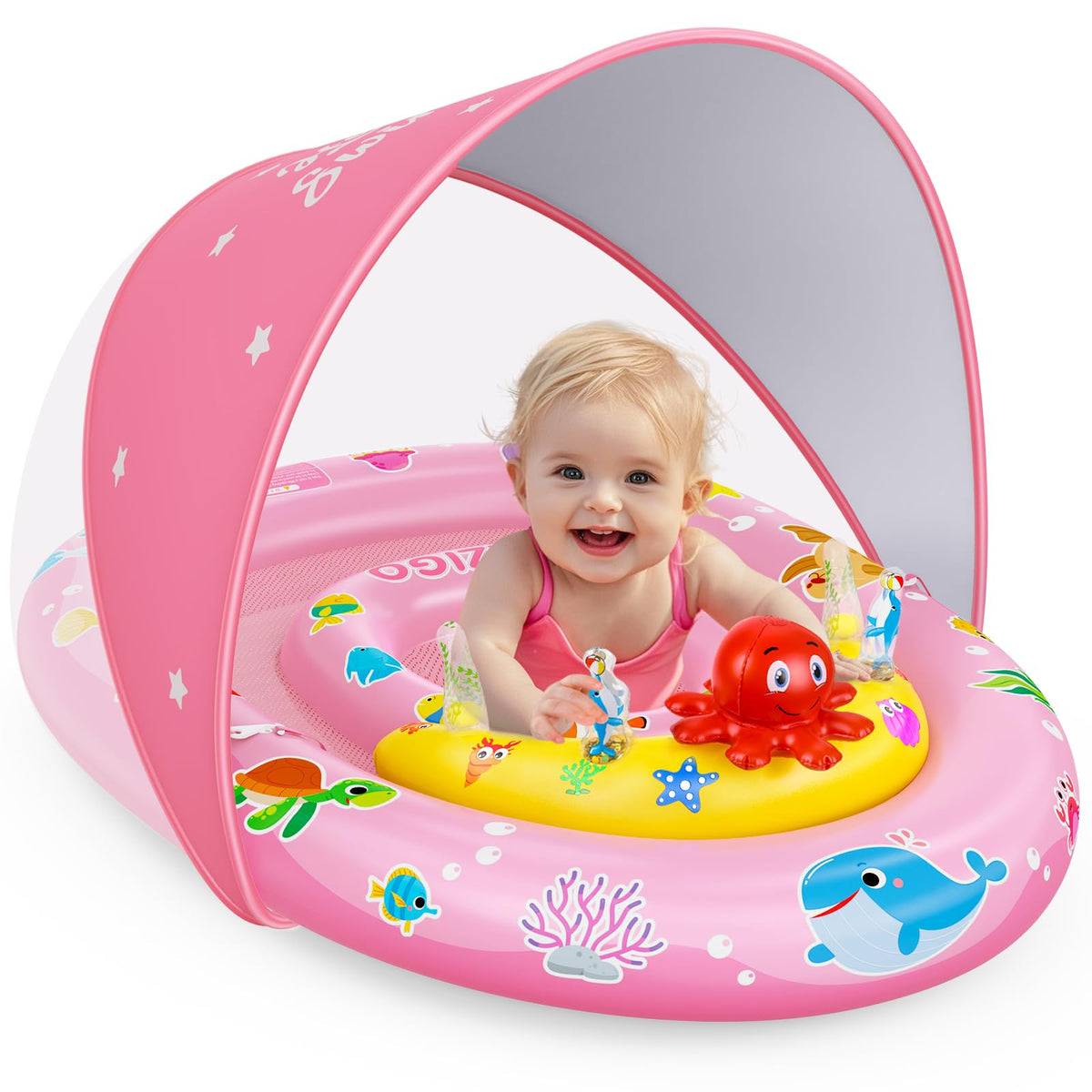 EZIGO baby pool float with canopy open for sunny days and safe water play