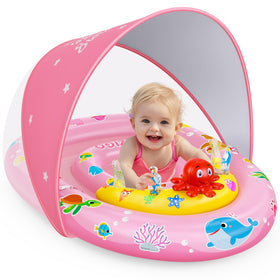 EZIGO baby pool float with canopy open for sunny days and safe water play