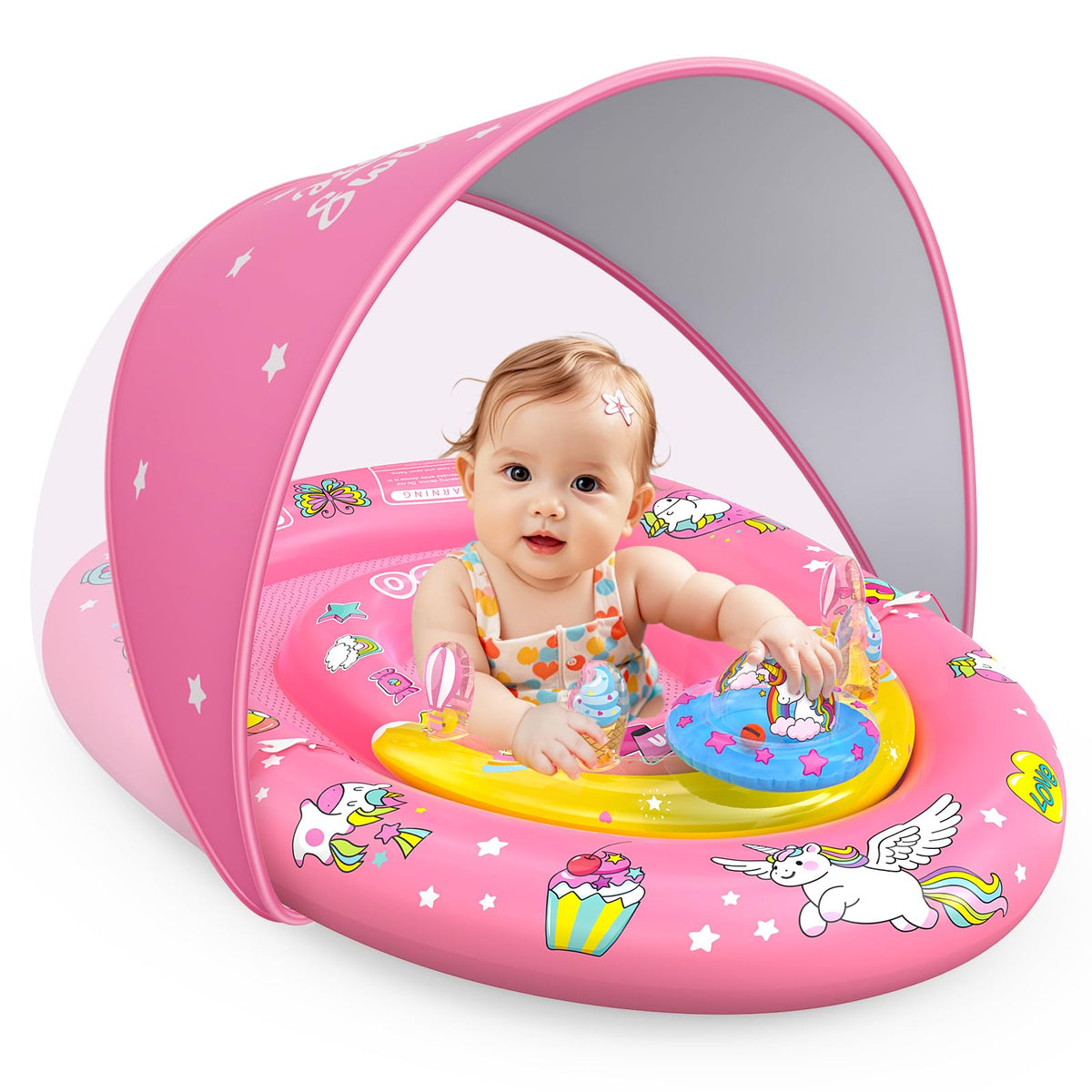 EZIGO baby pool float with canopy shielding sun while baby enjoys calm water play.