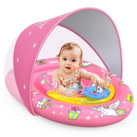 EZIGO baby pool float with canopy shielding sun while baby enjoys calm water play.