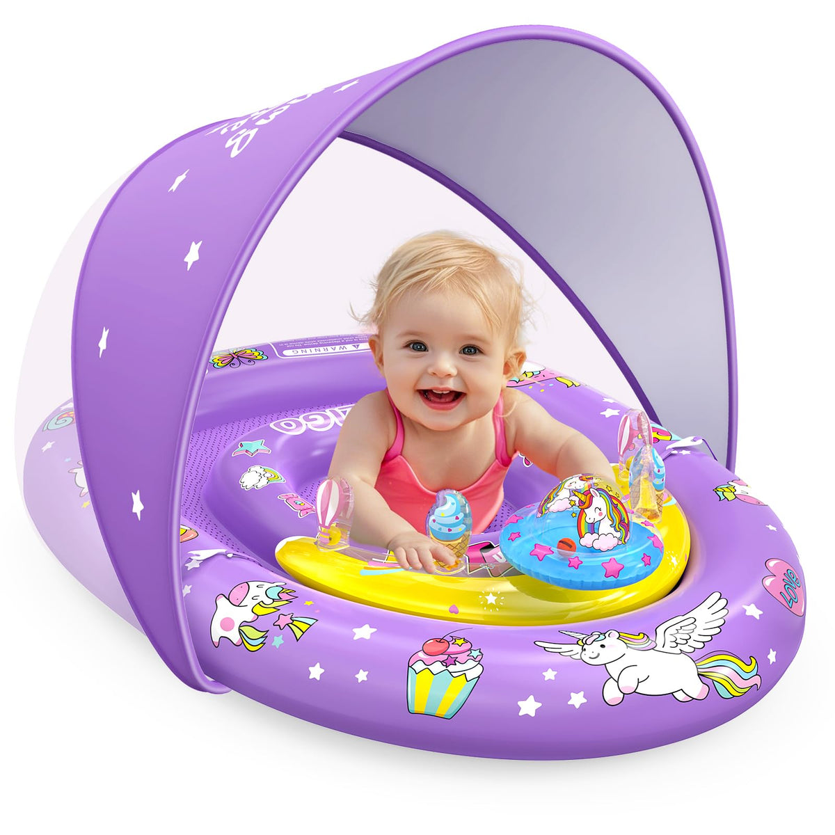 EZIGO baby pool float with canopy offering sun protection for outdoor swimming