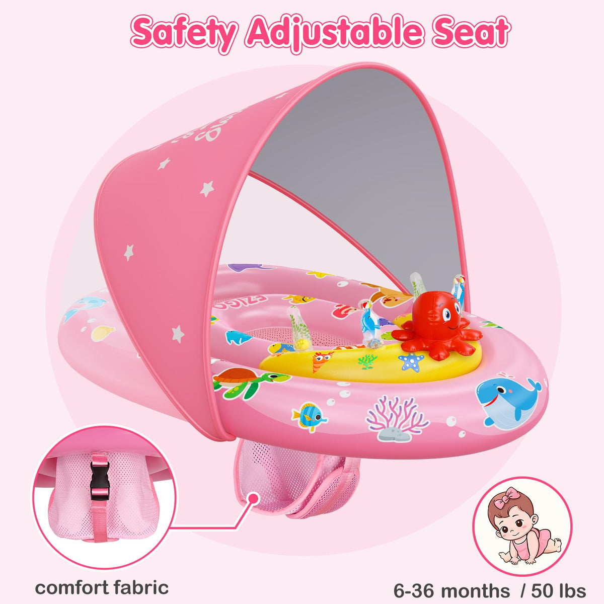 EZIGO baby pool float UPF50 canopy shields baby's face from sun