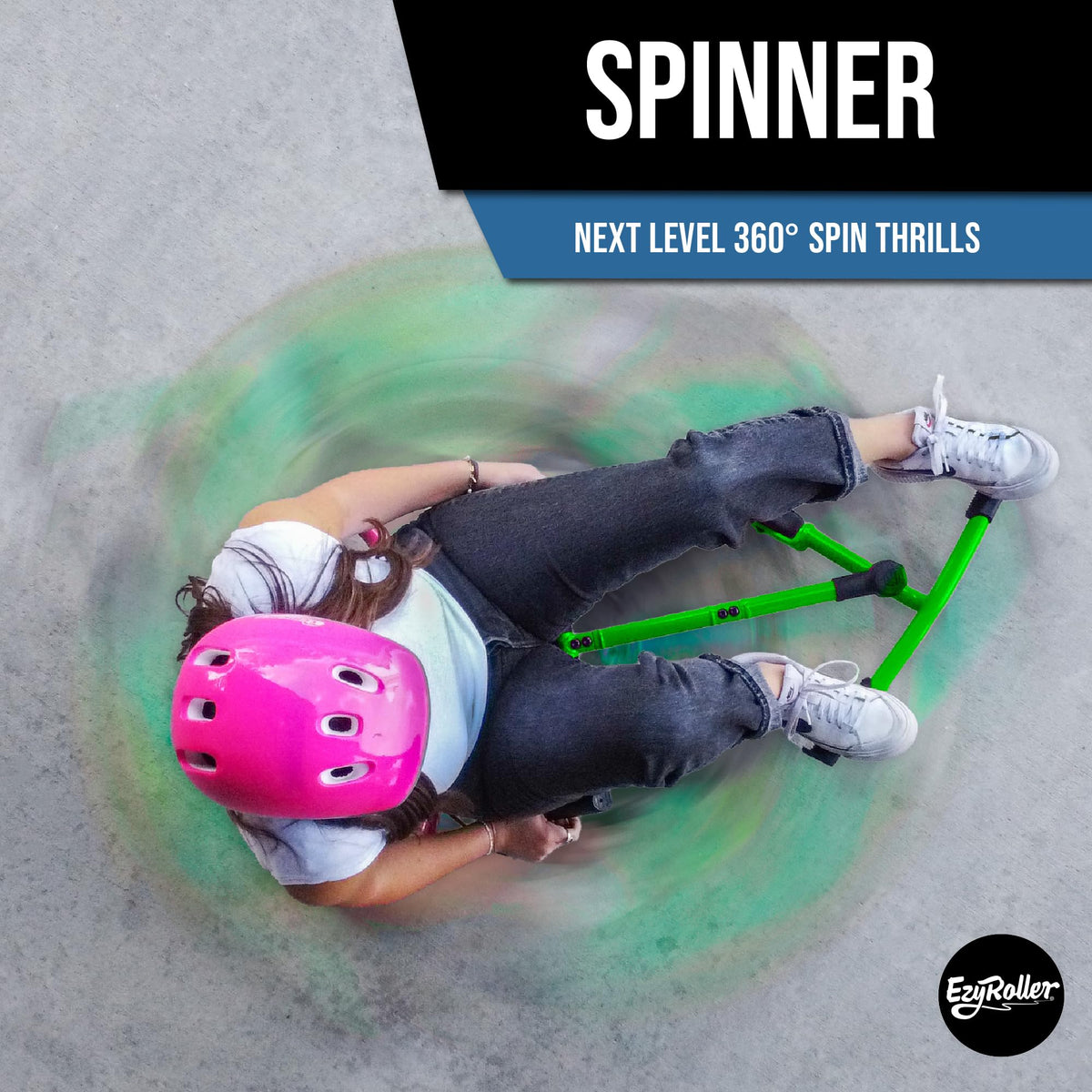 Ezroller Spinner kid on seat demonstrates a low, comfortable riding position.