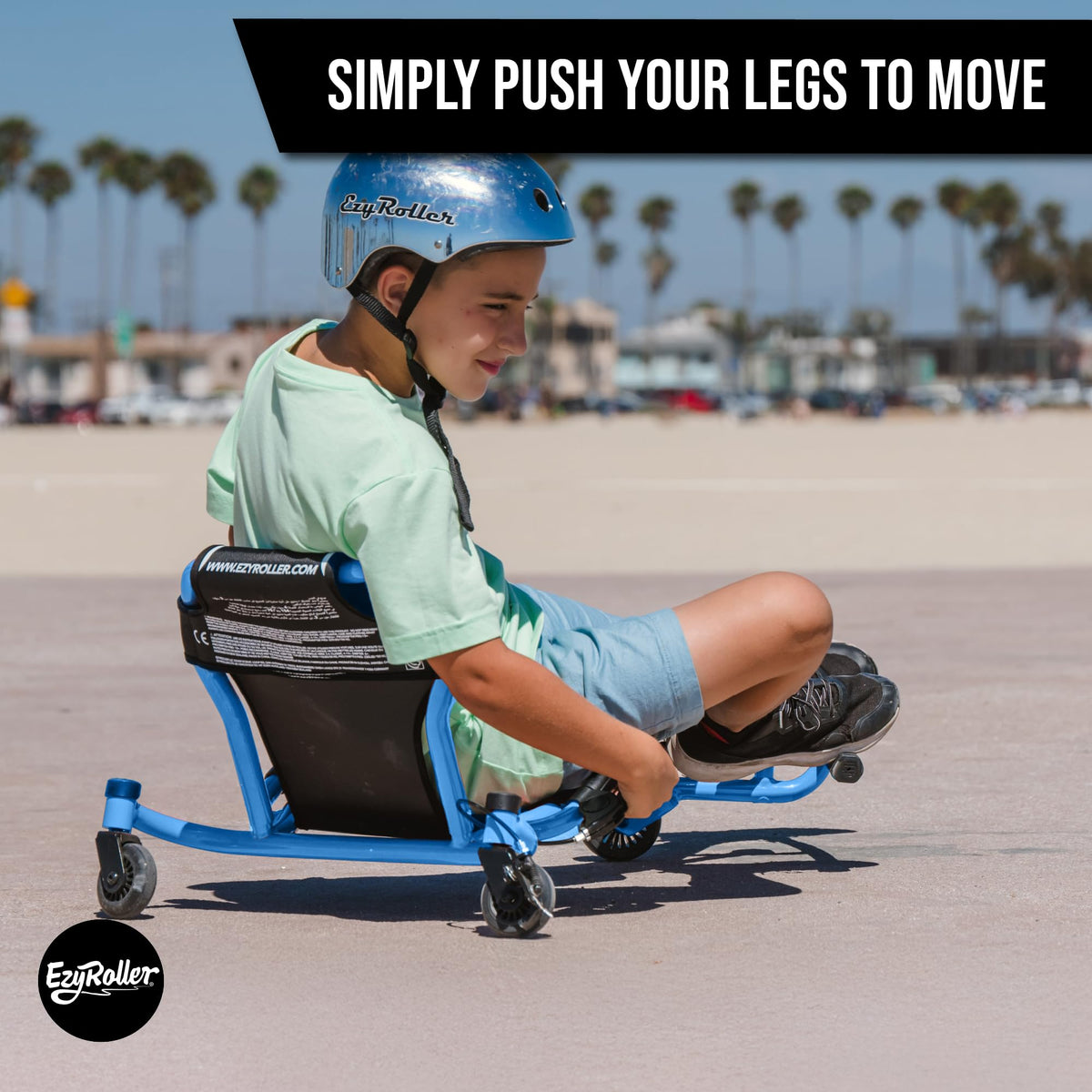EzyRoller Spinner X blue foot-bar action shows hands-free propulsion.