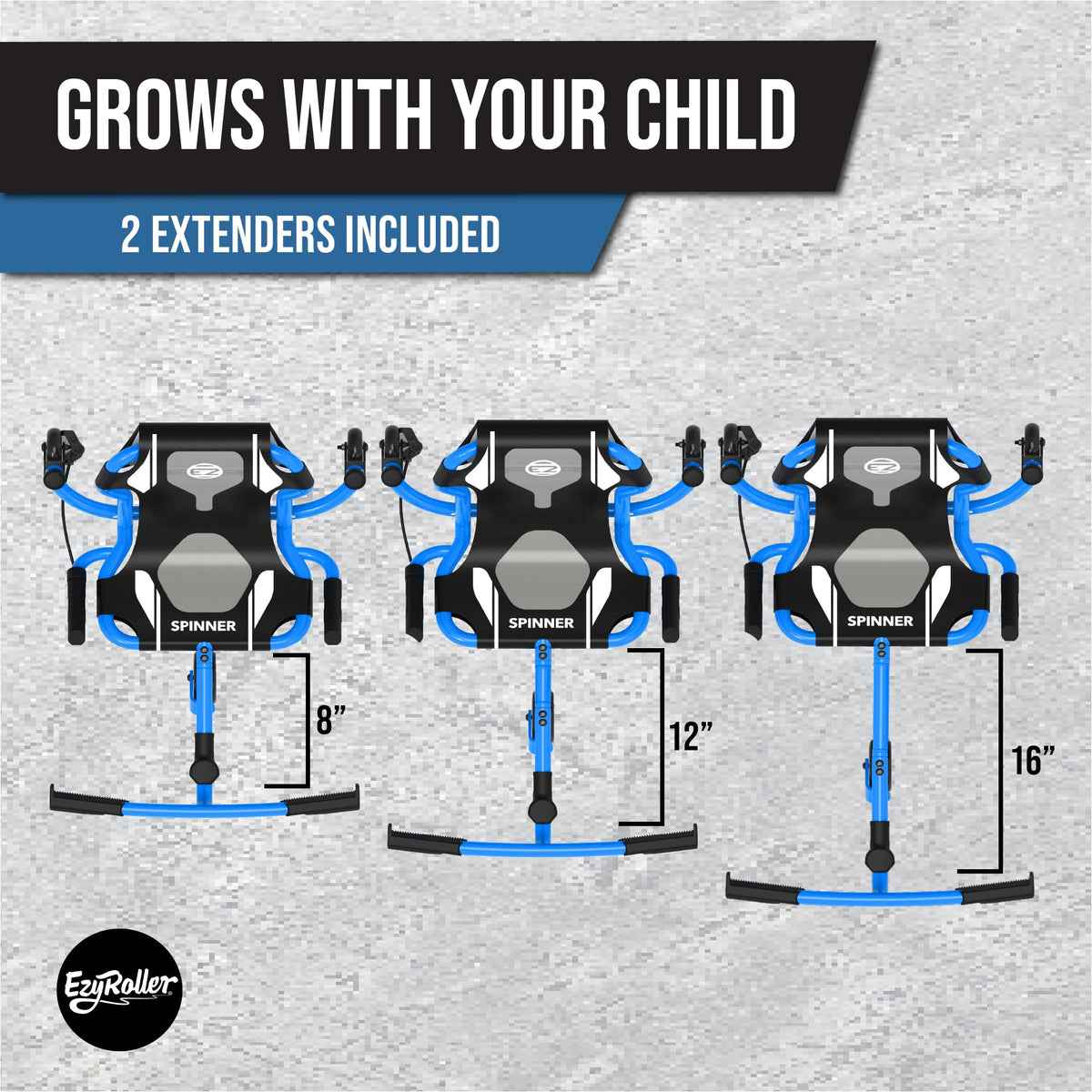 EzyRoller Spinner X blue seat close-up highlights a comfortable ride with relaxed posture.