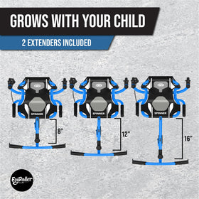 EzyRoller Spinner X blue seat close-up highlights a comfortable ride with relaxed posture.