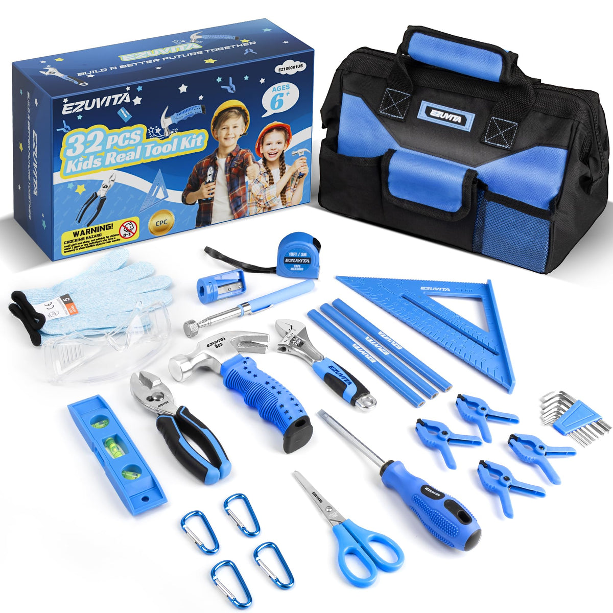 EZUVITA kids tool set with blue case and tools for safe, hands-on projects