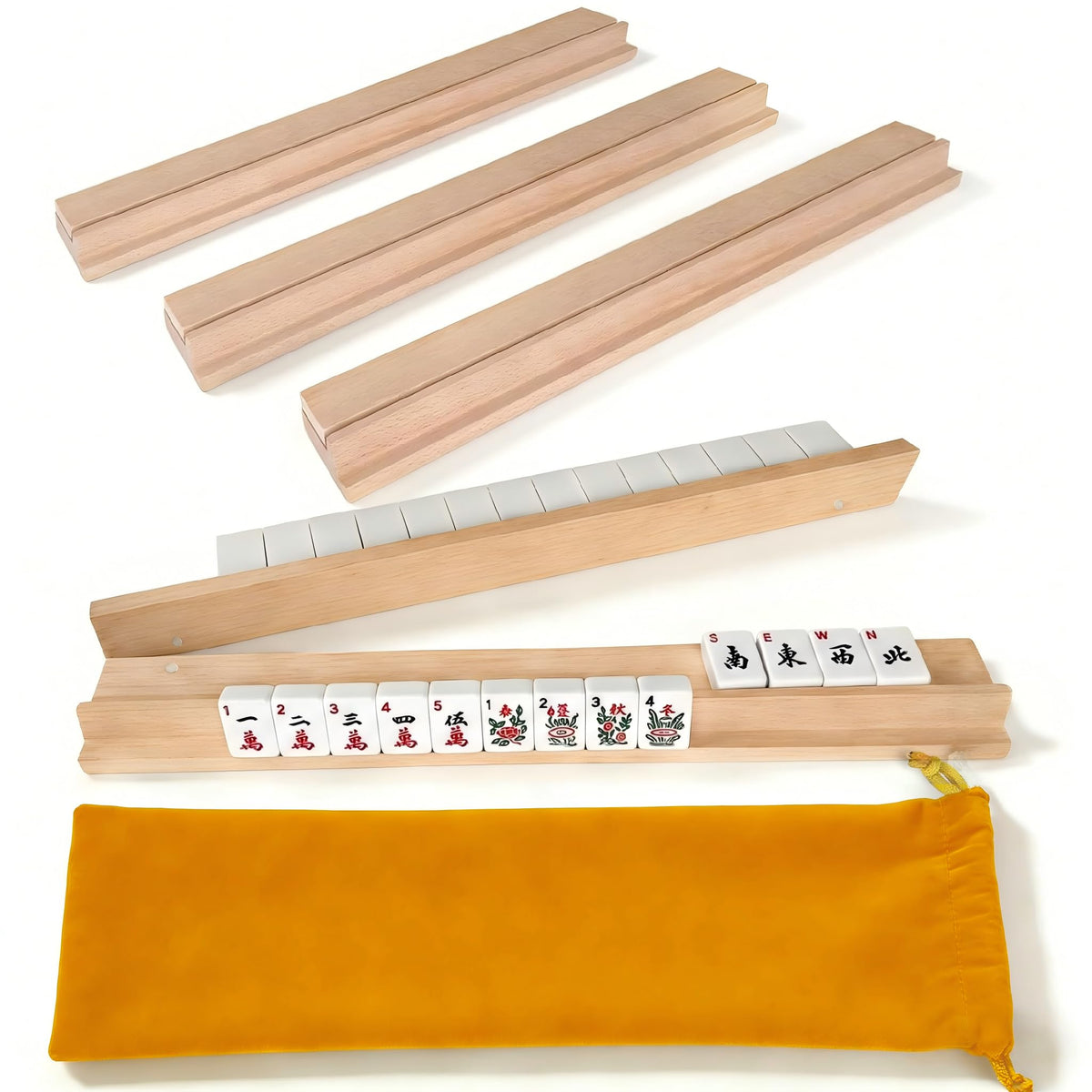 ezylgo Beech wood Mahjong rack with pushers close-up showing natural finish and grain.