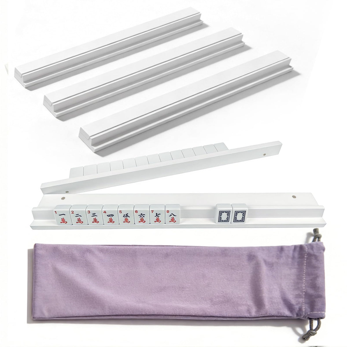 ezylgo wooden mahjong racks with pushers—four white racks for organized gameplay