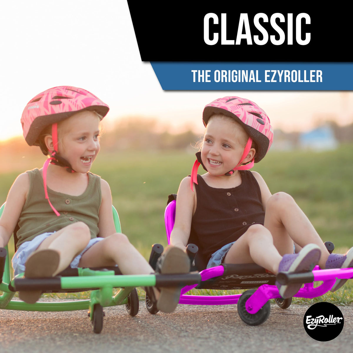 EzyRoller Classic Ride On Pink side view highlights extendable frame.