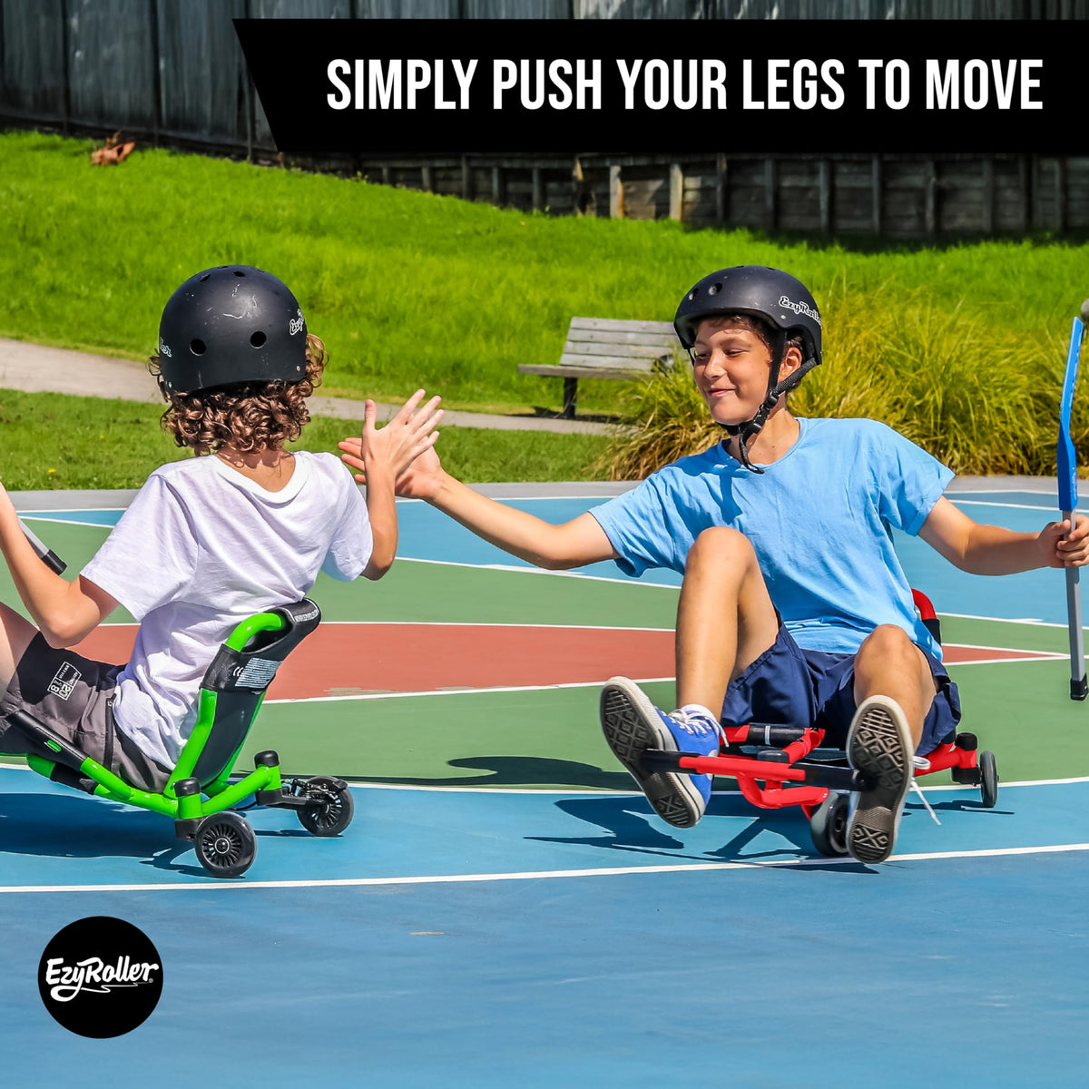 Children riding EzyRoller Drifter X demonstrates hands-free steering in action