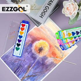 Ezzgol birthday party art station with colorful paints and brushes.