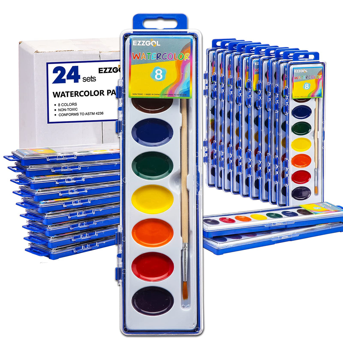 Ezzgol 24-pack watercolor set with 8 colors for vibrant classroom art.