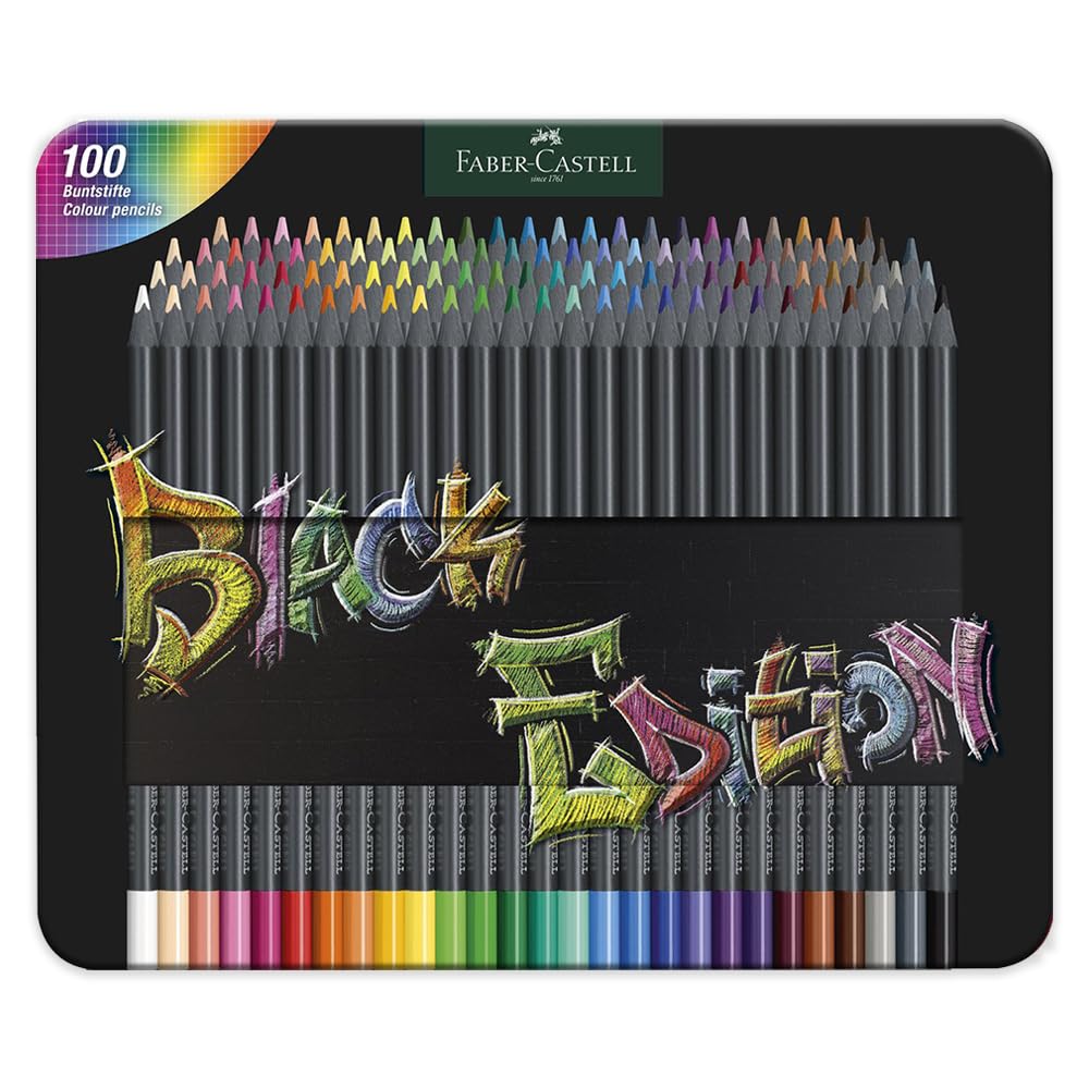 Faber-Castell Black Edition pencils in a metal tin offer 100 colors for bold designs.