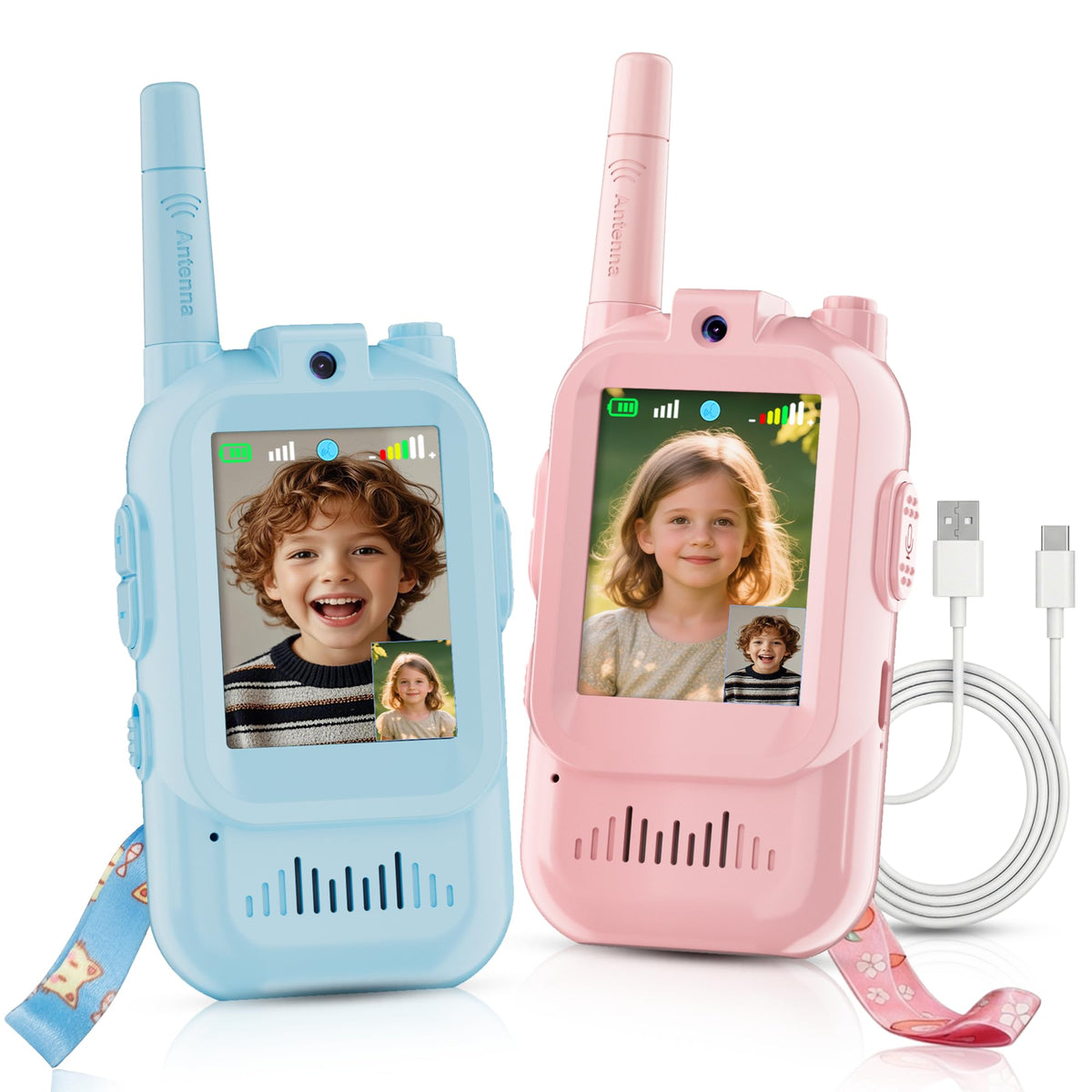 Fabeto Walkie Talkie Video pink-blue front view for reliable outdoor communication.