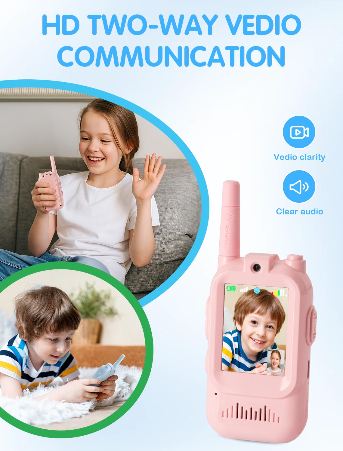 Fabeto Walkie Talkie Video pink-blue kids using for real-time visuals and safety.
