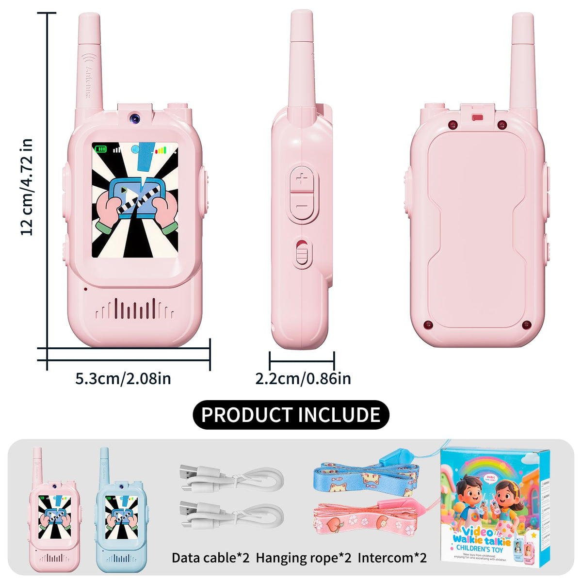 Fabeto Walkie Talkie Video pink-blue twin pack with anti-lost lanyards.