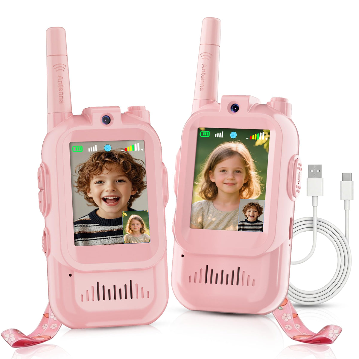 Fabeto Walkie Talkie with Video 2-Pack charging and battery life for outdoor play.