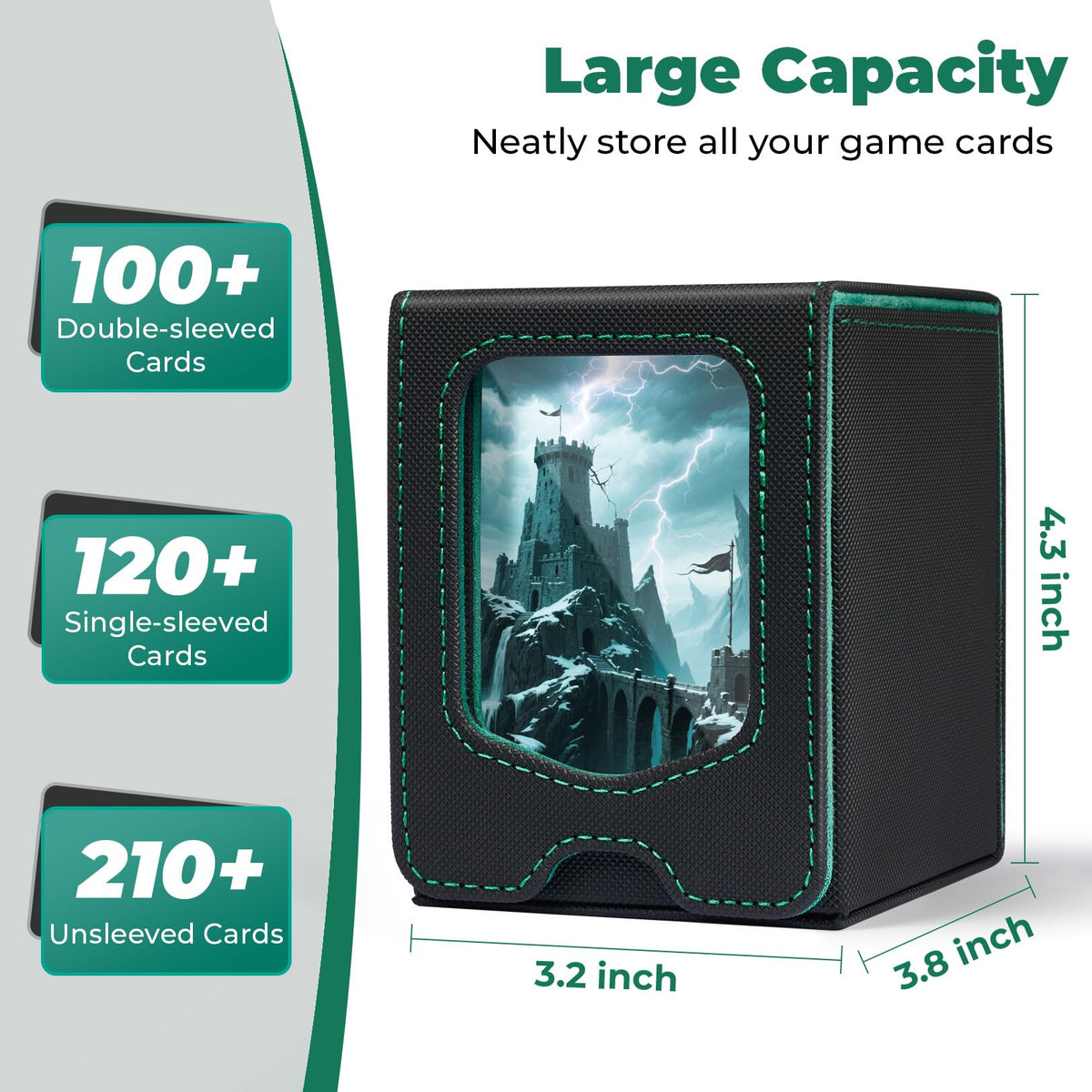 Fabmaker deck box card stand enables hands-free setup during matches.