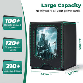 Fabmaker deck box card stand enables hands-free setup during matches.