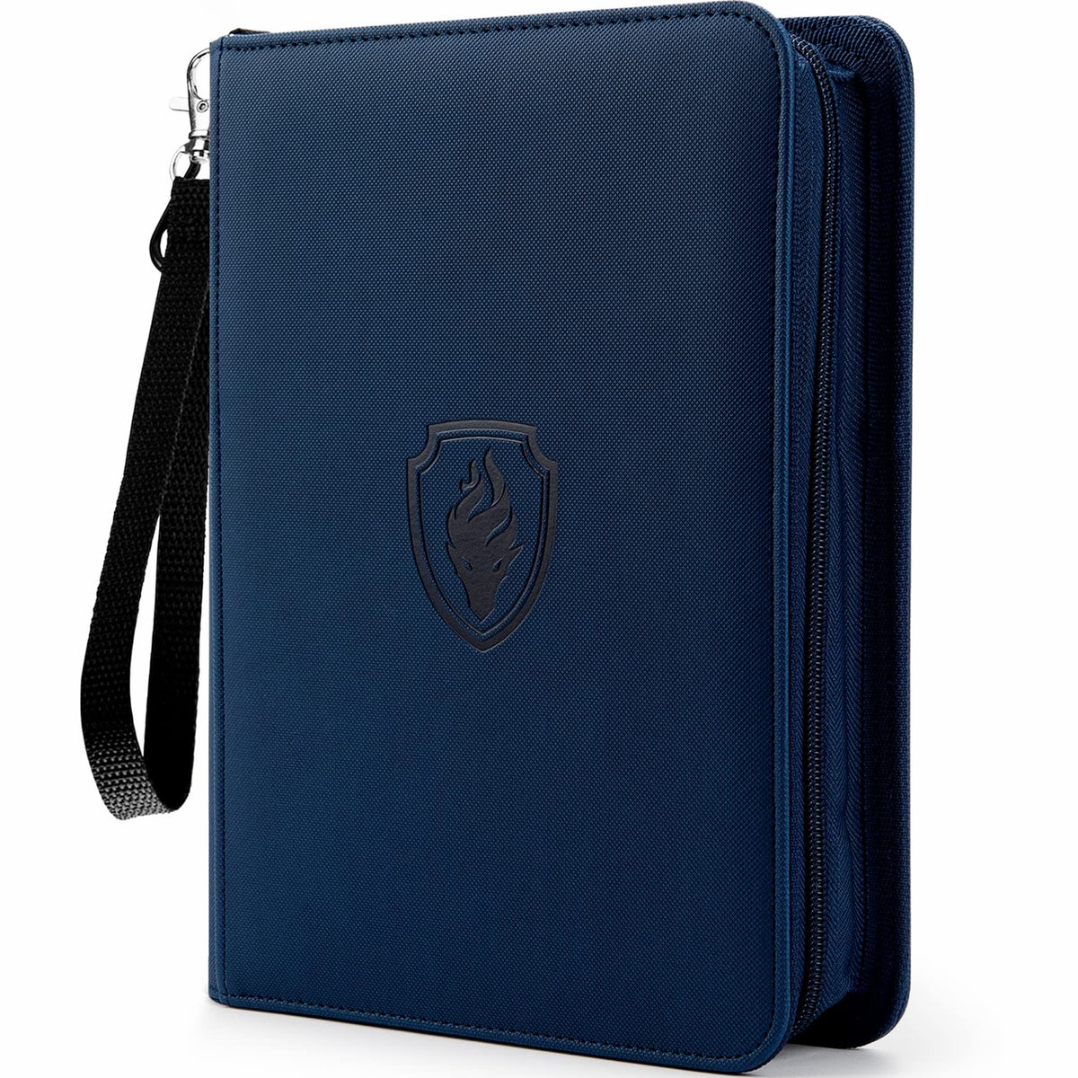 Fabmaker Premium 4-Pocket Binder front view showing navy blue exterior and padded protection