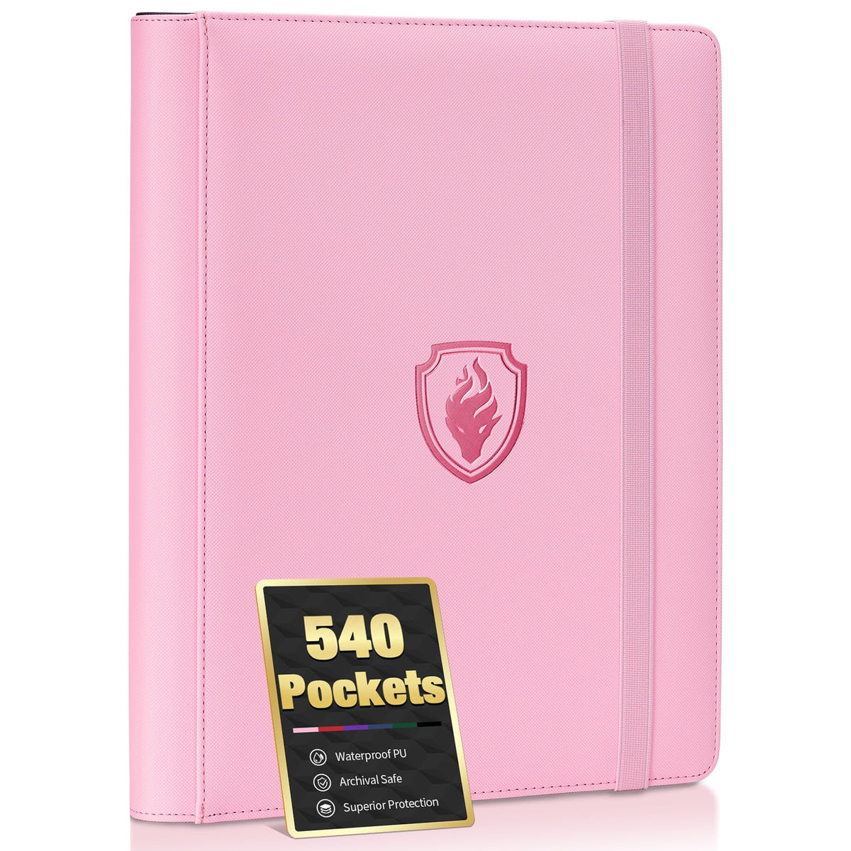Fabmaker Premium 9-pocket card binder with pink PU cover holding 540 cards securely.
