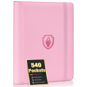 Fabmaker Premium 9-pocket card binder with pink PU cover holding 540 cards securely.