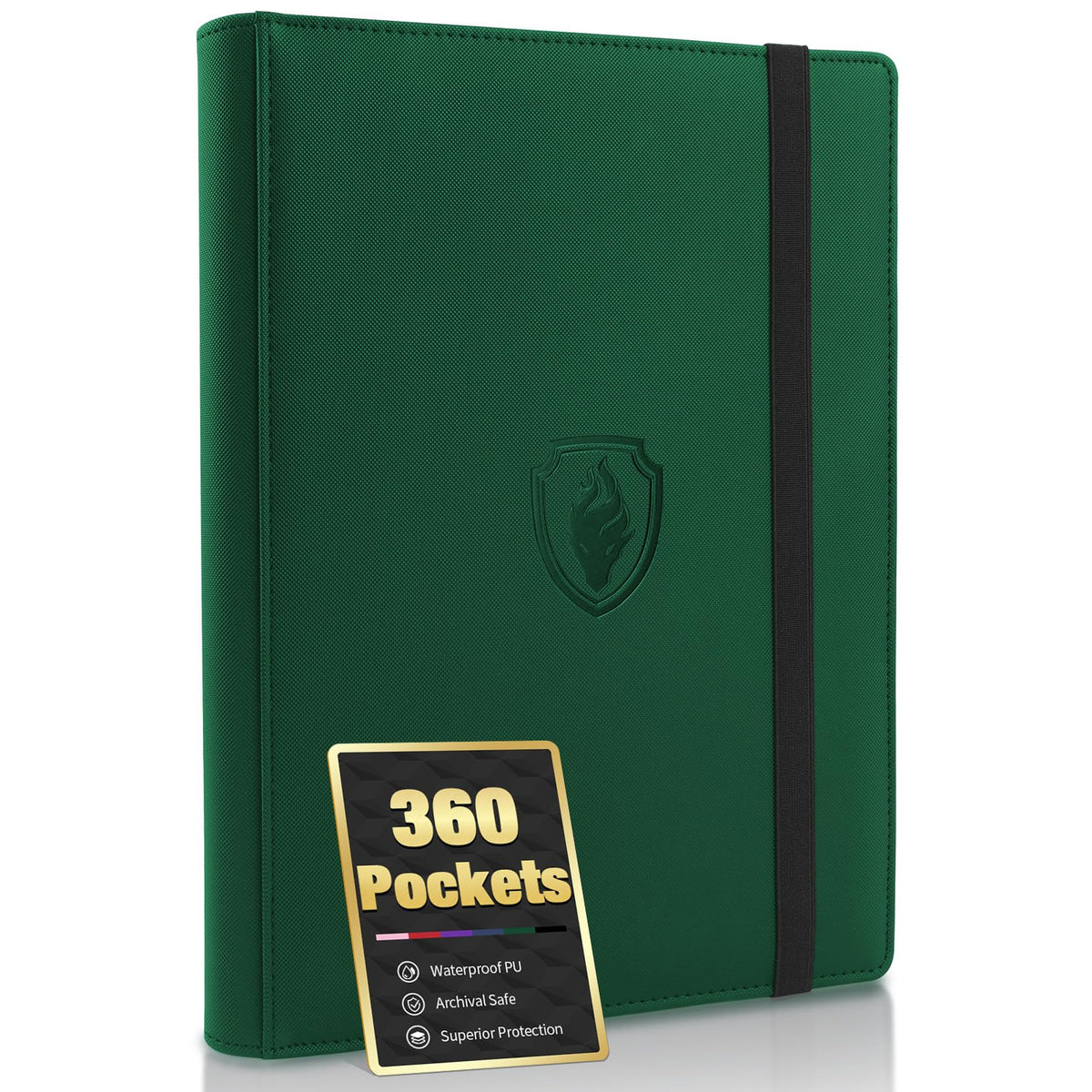 Fabmaker 9-pocket binder front cover in dark green PU leather with embossed logo.