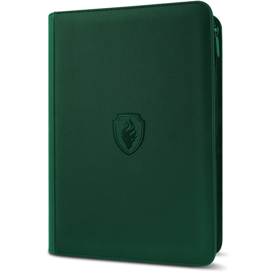 Fabmaker premium zip card binder with dark green cover protects cards from dust and moisture.