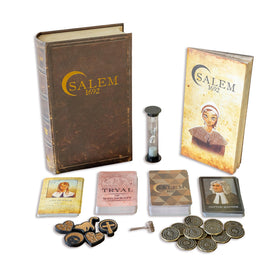 Facade Games Salem 1692 deluxe magnetic book box keeps components secure during play.