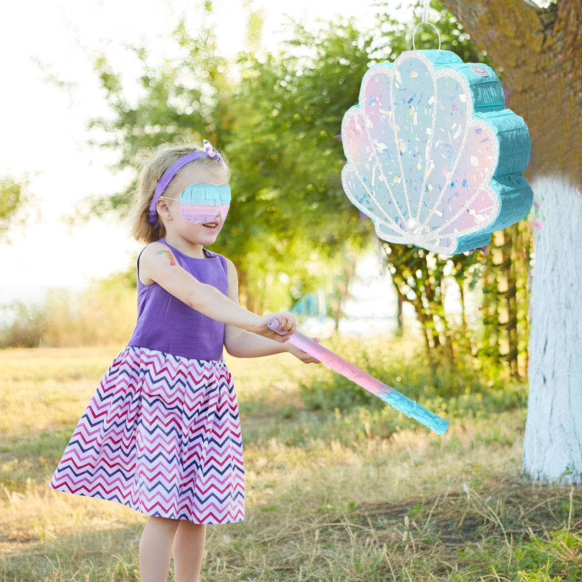 Faccito Mermaid tail pinata hanging setup ready for play.